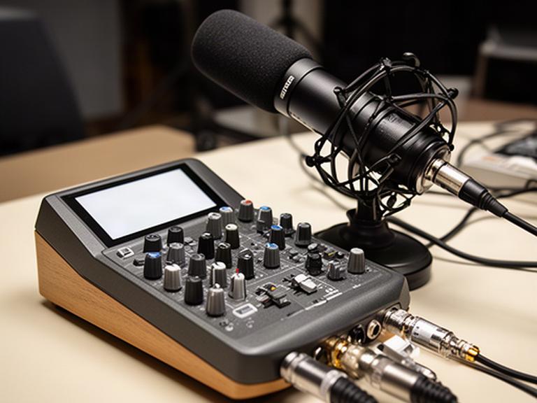 Compacte audiomixer naast een shotgunmicrofoon voor een interviewopstelling