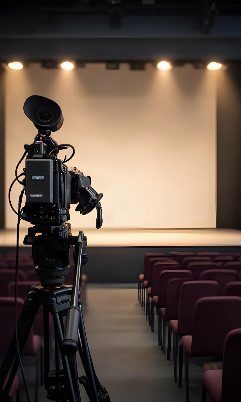 Broadcastcamera op stevig statief gericht op een podium in een evenementenhal