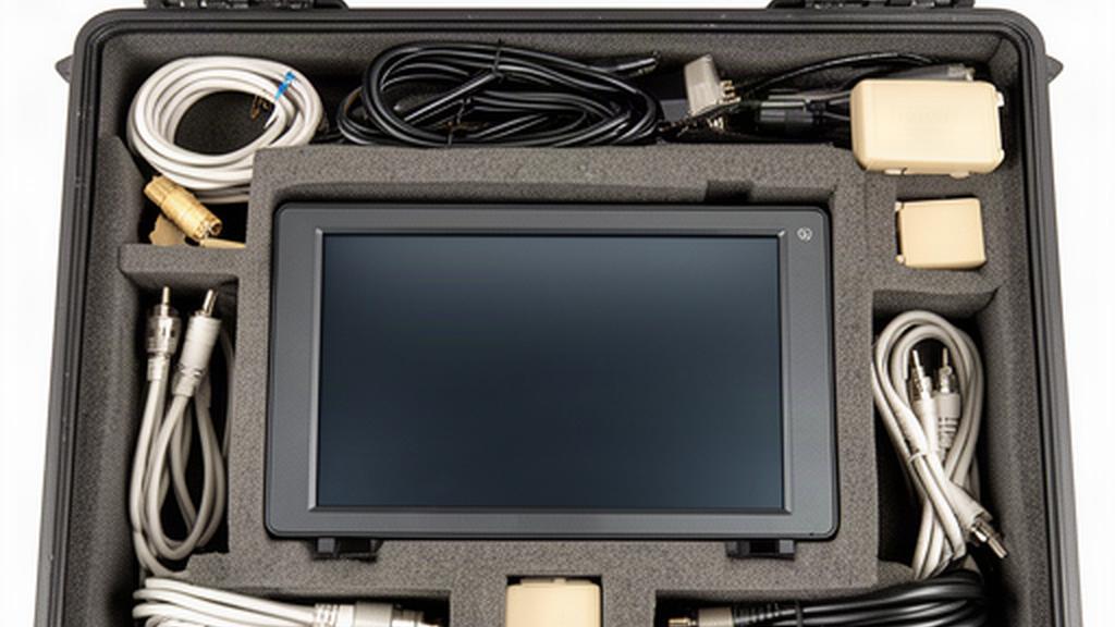 Regiemonitor, camerakabels en adapters overzichtelijk gerangschikt in een apparatuurkist
