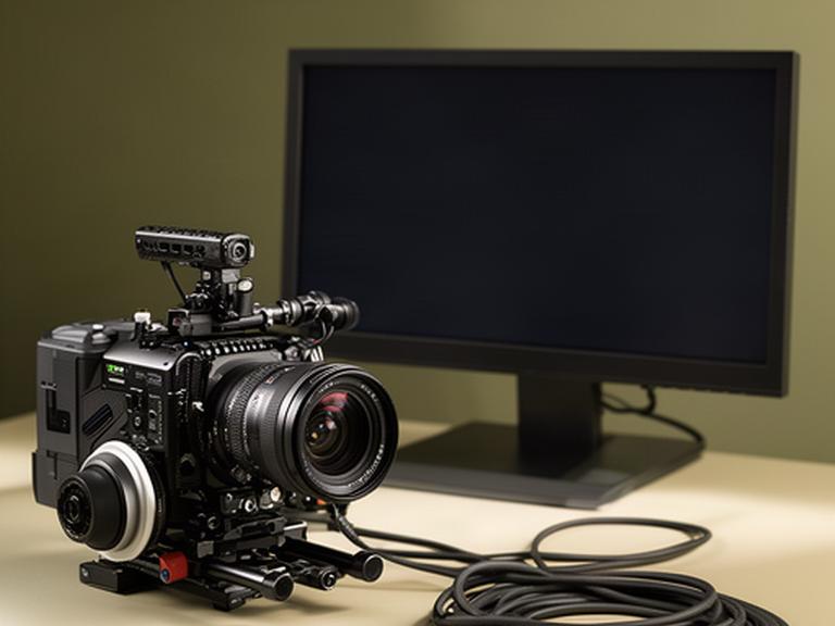 Cinema-camera op een compacte rig naast een monitor in een productieruimte