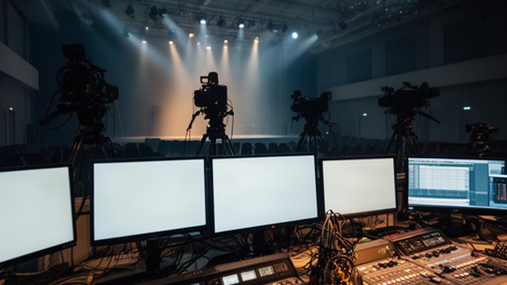 Liveproductie-opstelling met camera's, monitoren en bedieningspanelen in een zaal