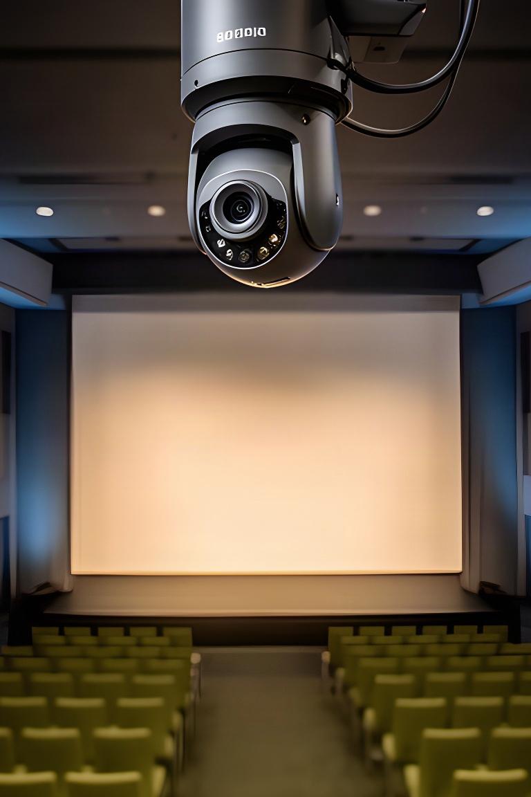 PTZ-camera boven een zaal met stoelen en een verlicht presentatietoneel