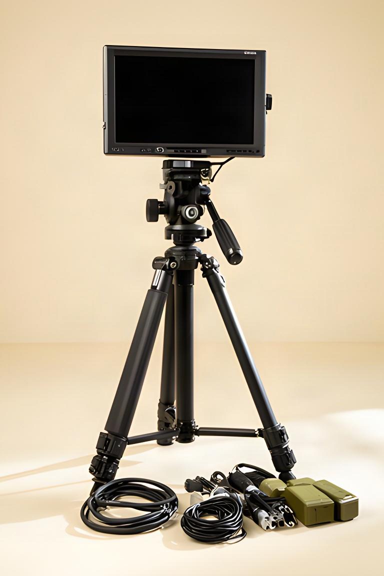 Videostatief met fieldmonitor en kabelset in een lichte productiestudio