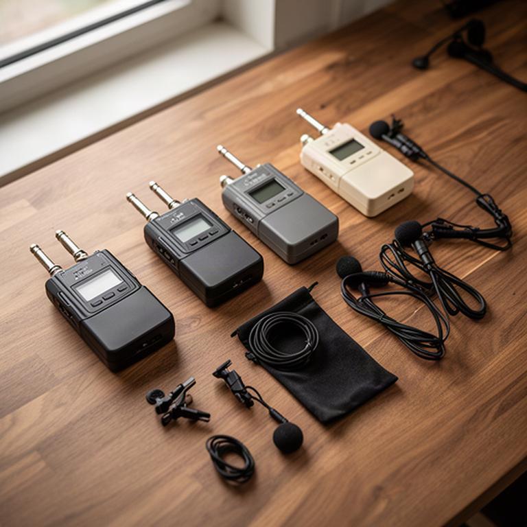 Draadloze microfoonset met ontvangers en accessoires op een houten werktafel