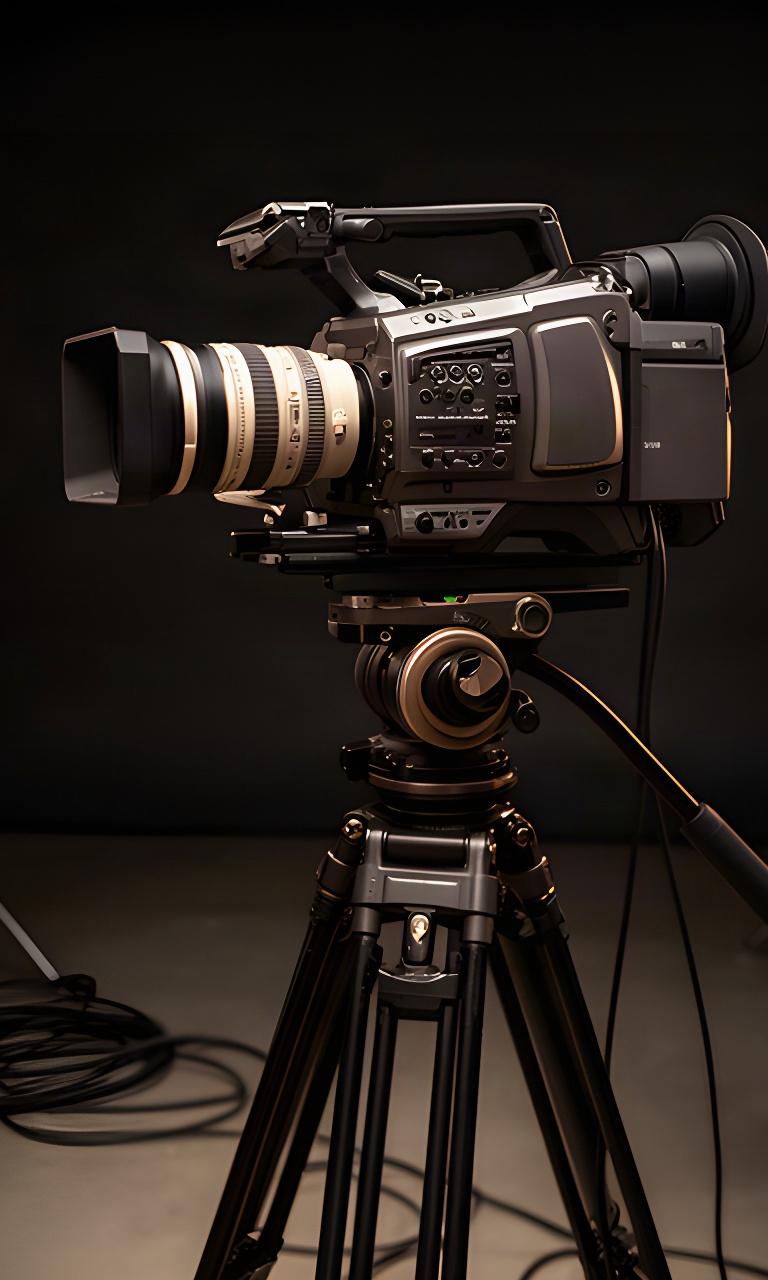 Professionele videocamera op statief in een donkere studio-opstelling met zacht zijlicht